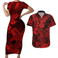Hawaii Shark Couples Matching Short Sleeve Bodycon Dress and Hawaiian Shirt Polynesian Pattern Red Version - Wonder Print Shop