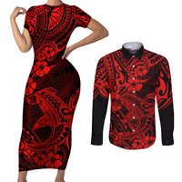 Hawaii Shark Couples Matching Short Sleeve Bodycon Dress and Long Sleeve Button Shirts Polynesian Pattern Red Version - Wonder Print Shop