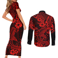Hawaii Shark Couples Matching Short Sleeve Bodycon Dress and Long Sleeve Button Shirts Polynesian Pattern Red Version - Wonder Print Shop
