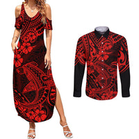 Hawaii Shark Couples Matching Summer Maxi Dress and Long Sleeve Button Shirts Polynesian Pattern Red Version - Wonder Print Shop