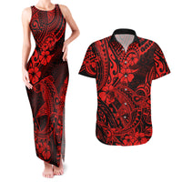 Hawaii Shark Couples Matching Tank Maxi Dress and Hawaiian Shirt Polynesian Pattern Red Version - Wonder Print Shop
