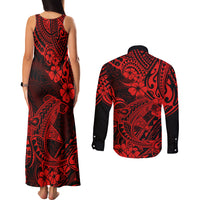 Hawaii Shark Couples Matching Tank Maxi Dress and Long Sleeve Button Shirts Polynesian Pattern Red Version - Wonder Print Shop