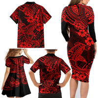 Hawaii Shark Family Matching Long Sleeve Bodycon Dress and Hawaiian Shirt Polynesian Pattern Red Version - Wonder Print Shop