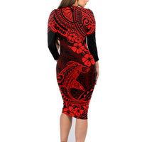 Hawaii Shark Family Matching Long Sleeve Bodycon Dress and Hawaiian Shirt Polynesian Pattern Red Version - Wonder Print Shop