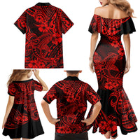 Hawaii Shark Family Matching Mermaid Dress and Hawaiian Shirt Polynesian Pattern Red Version - Wonder Print Shop