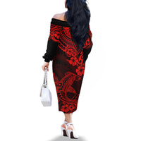 Hawaii Shark Family Matching Off Shoulder Long Sleeve Dress and Hawaiian Shirt Polynesian Pattern Red Version - Wonder Print Shop