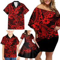Hawaii Shark Family Matching Off Shoulder Short Dress and Hawaiian Shirt Polynesian Pattern Red Version - Wonder Print Shop
