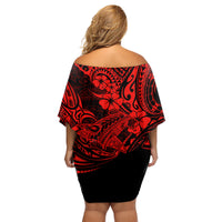 Hawaii Shark Family Matching Off Shoulder Short Dress and Hawaiian Shirt Polynesian Pattern Red Version - Wonder Print Shop