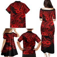 Hawaii Shark Family Matching Puletasi Dress and Hawaiian Shirt Polynesian Pattern Red Version - Wonder Print Shop
