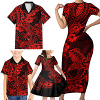 Hawaii Shark Family Matching Short Sleeve Bodycon Dress and Hawaiian Shirt Polynesian Pattern Red Version - Wonder Print Shop