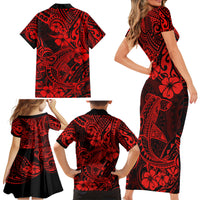 Hawaii Shark Family Matching Short Sleeve Bodycon Dress and Hawaiian Shirt Polynesian Pattern Red Version - Wonder Print Shop