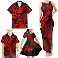 Hawaii Shark Family Matching Tank Maxi Dress and Hawaiian Shirt Polynesian Pattern Red Version - Wonder Print Shop