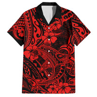 Red and black short-sleeve button-up shirt with tropical hibiscus and tiki print