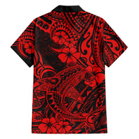 Red and black short-sleeve button-up shirt with tropical tiki and hibiscus print
