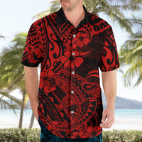 Men's red and black short-sleeve button-up shirt with tropical hibiscus tiki print