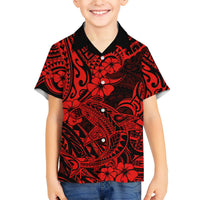 Kids red and black short-sleeve button-up shirt with tropical hibiscus and tiki print