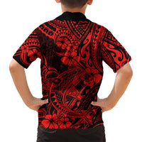 Kids red and black short-sleeve button-up shirt, back view with tiki and hibiscus print