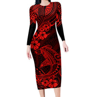 Hawaii Shark Long Sleeve Bodycon Dress Polynesian Pattern Red Version - Wonder Print Shop