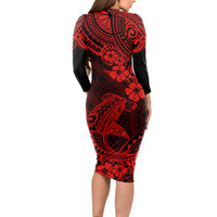 Hawaii Shark Long Sleeve Bodycon Dress Polynesian Pattern Red Version - Wonder Print Shop