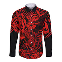 Hawaii Shark Long Sleeve Button Shirt Polynesian Pattern Red Version - Wonder Print Shop