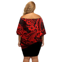 Hawaii Shark Off Shoulder Short Dress Polynesian Pattern Red Version - Wonder Print Shop