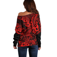 Hawaii Shark Off Shoulder Sweater Polynesian Pattern Red Version - Wonder Print Shop