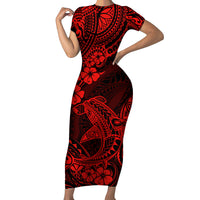 Hawaii Shark Short Sleeve Bodycon Dress Polynesian Pattern Red Version - Wonder Print Shop