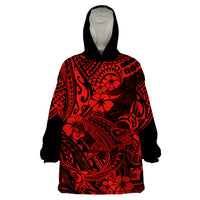 Hawaii Shark Wearable Blanket Hoodie Polynesian Pattern Red Version - Wonder Print Shop