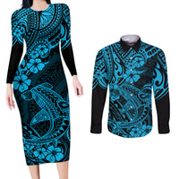 Hawaii Shark Couples Matching Long Sleeve Bodycon Dress and Long Sleeve Button Shirts Polynesian Pattern Sky Blue Version - Wonder Print Shop