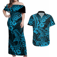 Hawaii Shark Couples Matching Off Shoulder Maxi Dress and Hawaiian Shirt Polynesian Pattern Sky Blue Version - Wonder Print Shop