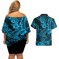 Off-shoulder short dress (back view) and Hawaiian shirt, blue floral tribal print