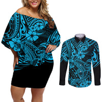 Hawaii Shark Couples Matching Off Shoulder Short Dress and Long Sleeve Button Shirts Polynesian Pattern Sky Blue Version - Wonder Print Shop