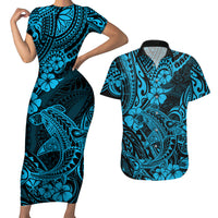 Hawaii Shark Couples Matching Short Sleeve Bodycon Dress and Hawaiian Shirt Polynesian Pattern Sky Blue Version - Wonder Print Shop