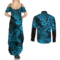Hawaii Shark Couples Matching Summer Maxi Dress and Long Sleeve Button Shirts Polynesian Pattern Sky Blue Version - Wonder Print Shop