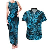 Hawaii Shark Couples Matching Tank Maxi Dress and Hawaiian Shirt Polynesian Pattern Sky Blue Version - Wonder Print Shop