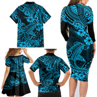 Hawaii Shark Family Matching Long Sleeve Bodycon Dress and Hawaiian Shirt Polynesian Pattern Sky Blue Version - Wonder Print Shop