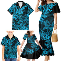 Hawaii Shark Family Matching Mermaid Dress and Hawaiian Shirt Polynesian Pattern Sky Blue Version - Wonder Print Shop