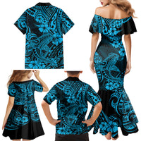 Hawaii Shark Family Matching Mermaid Dress and Hawaiian Shirt Polynesian Pattern Sky Blue Version - Wonder Print Shop