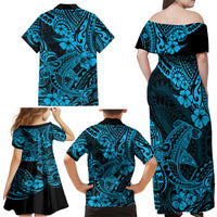 Hawaii Shark Family Matching Off Shoulder Maxi Dress and Hawaiian Shirt Polynesian Pattern Sky Blue Version - Wonder Print Shop
