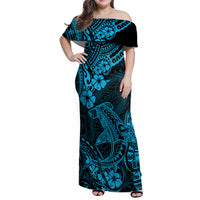 Hawaii Shark Family Matching Off Shoulder Maxi Dress and Hawaiian Shirt Polynesian Pattern Sky Blue Version - Wonder Print Shop
