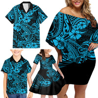 Hawaii Shark Family Matching Off Shoulder Short Dress and Hawaiian Shirt Polynesian Pattern Sky Blue Version - Wonder Print Shop