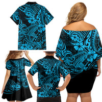 Hawaii Shark Family Matching Off Shoulder Short Dress and Hawaiian Shirt Polynesian Pattern Sky Blue Version - Wonder Print Shop