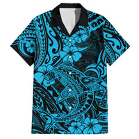 Hawaii Shark Family Matching Off Shoulder Short Dress and Hawaiian Shirt Polynesian Pattern Sky Blue Version - Wonder Print Shop