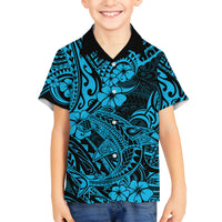 Hawaii Shark Family Matching Off Shoulder Short Dress and Hawaiian Shirt Polynesian Pattern Sky Blue Version - Wonder Print Shop