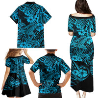 Hawaii Shark Family Matching Puletasi Dress and Hawaiian Shirt Polynesian Pattern Sky Blue Version - Wonder Print Shop