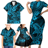 Hawaii Shark Family Matching Short Sleeve Bodycon Dress and Hawaiian Shirt Polynesian Pattern Sky Blue Version - Wonder Print Shop