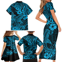 Hawaii Shark Family Matching Short Sleeve Bodycon Dress and Hawaiian Shirt Polynesian Pattern Sky Blue Version - Wonder Print Shop