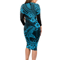 Hawaii Shark Long Sleeve Bodycon Dress Polynesian Pattern Sky Blue Version - Wonder Print Shop