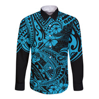 Hawaii Shark Long Sleeve Button Shirt Polynesian Pattern Sky Blue Version - Wonder Print Shop
