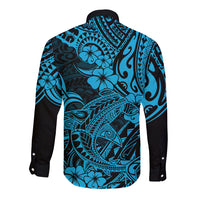 Hawaii Shark Long Sleeve Button Shirt Polynesian Pattern Sky Blue Version - Wonder Print Shop